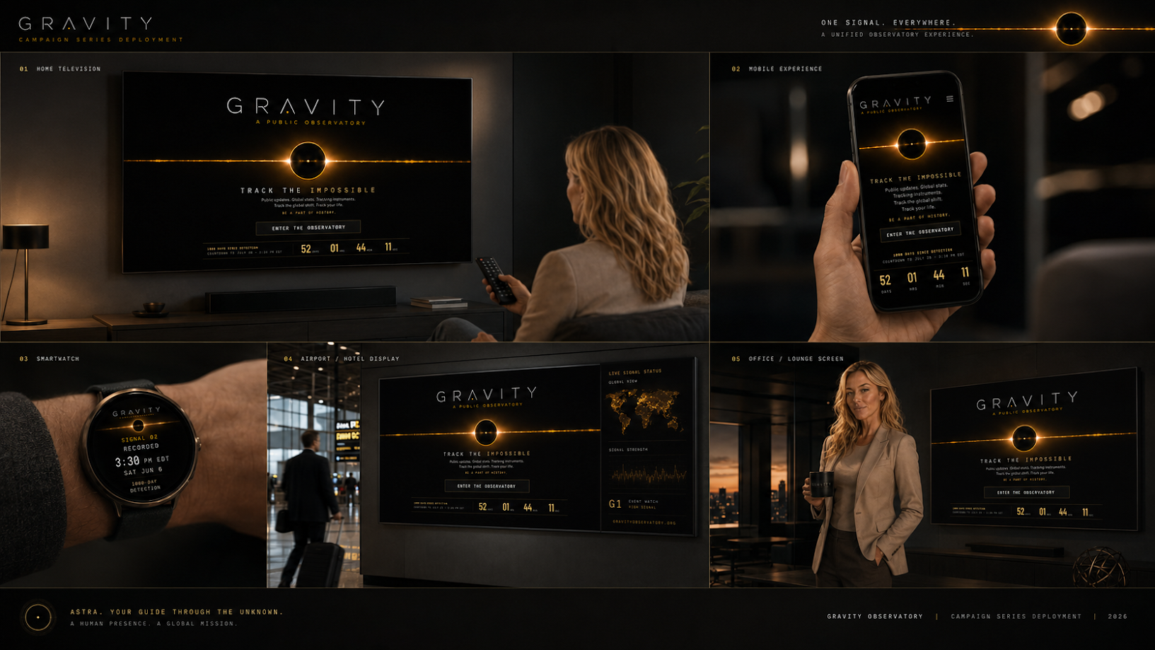 Gravity public observatory preview showing Gravity across home television, mobile, smartwatch, airport display, and office environments.